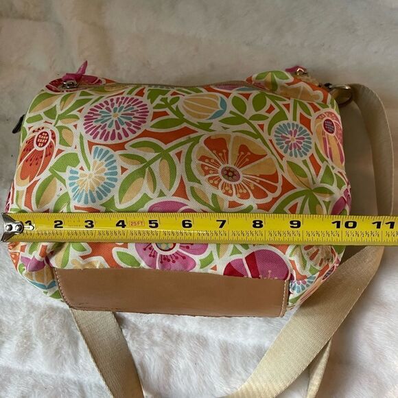 Lily Bloom multi color pastel fabric crossbody bag with tan faux leather trims - Picture 10 of 15